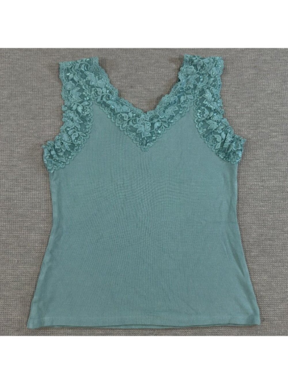 Style & Co Lace Trim Tank Top Womens Size M Teal V-Neck Stretch Rayon Layering - Picture 4 of 11